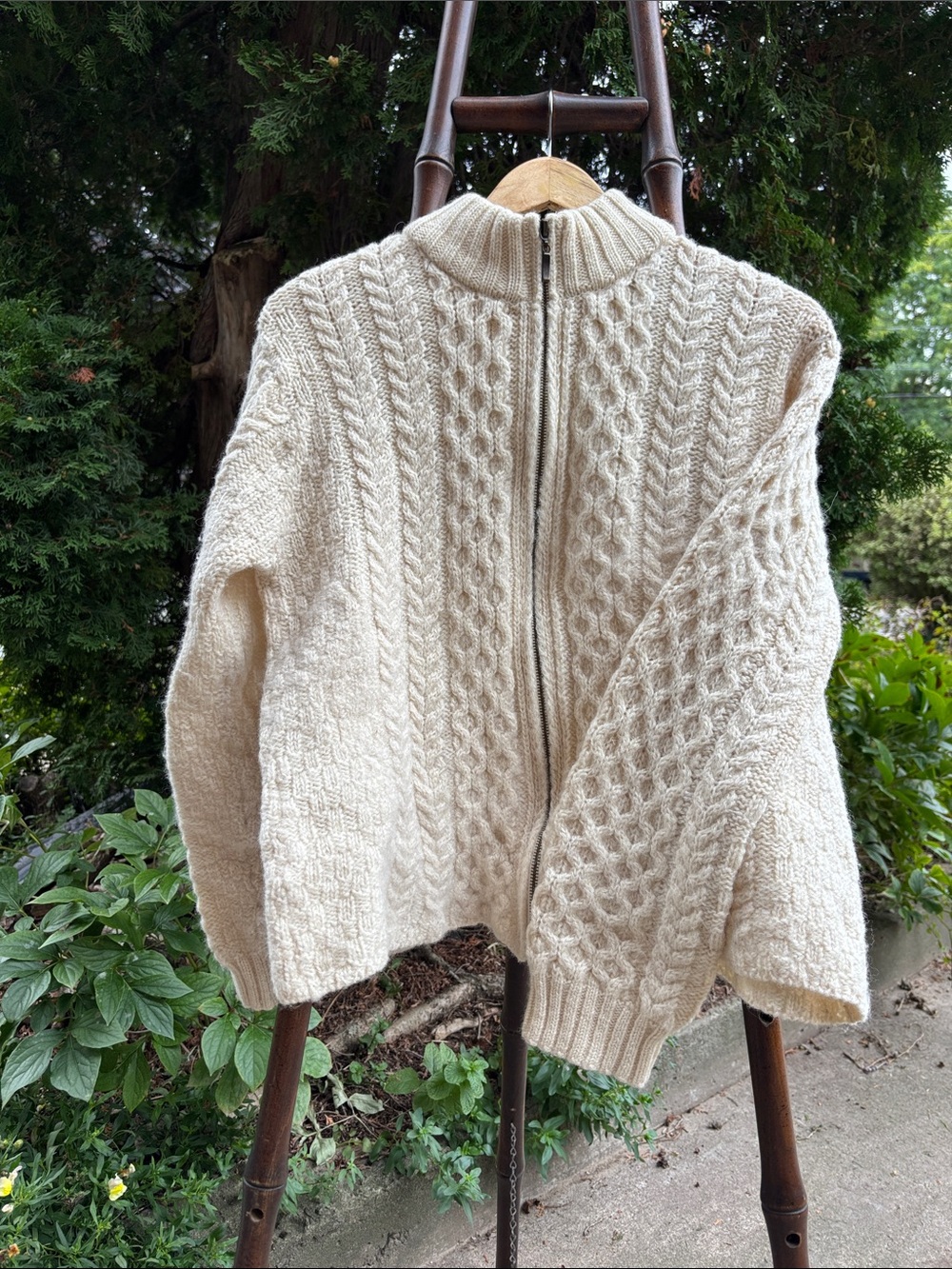Cream Cable Knit Zip-Front Women's Sweater, Inis Fisherman Cardigan, vintage